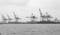 Foggy day in Hamburg. Cargo traffic in Hamburg, Germany