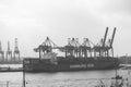 Foggy day in Hamburg. Cargo traffic in Hamburg. It`s the central