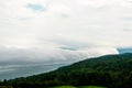 Foggy day by the St-Laurent river, golf fiel