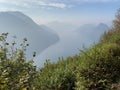 Foggy Dreamy View of Mountains and Lake in Lugano, Switzerland, Ticino