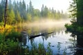 foggy early morning view of a forested lake