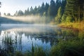 foggy early morning view of a forested lake