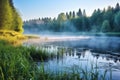 foggy early morning view of a forested lake