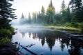 foggy early morning view of a forested lake