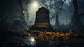 Foggy eerie haunted cemetery on Halloween night - generative AI Royalty Free Stock Photo