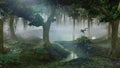 Foggy fantasy forest with ponds, landscape illustration