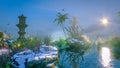 Misty tropical panorama scene at sunset