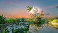Misty tropical panorama scene at sunset