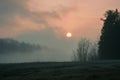 Misty Field With Distant Trees. Generative AI Royalty Free Stock Photo