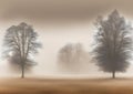 Foggy field with trees in the background, matte photo naturalism