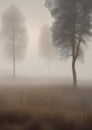 foggy field with trees in the background, matte photo naturalism, soft fog, vertical image