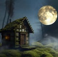 Foggy forest in dark night with a run down wooden hut with a puff of smoke next to a circular bright moon, made with genearative