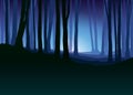 Foggy Forest. Dark Tree Silhouette. Tree Trunks In Blue Mist. Fog In Night Forest  Illustration