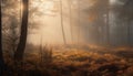 The foggy forest at dawn is a tranquil autumn mystery generated by AI