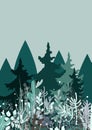 Foggy forest illustration. Pine and spruce trees landscape background. Magic evergreen woods. Wild nature, banner or Royalty Free Stock Photo