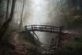 foggy forest with old wooden bridge over a brook Royalty Free Stock Photo