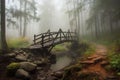 foggy forest with old wooden bridge over a brook Royalty Free Stock Photo