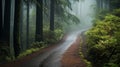 A foggy forest path during gentle rain