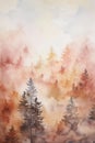 Foggy forest with pine trees in the foreground. Digital vertical watercolor painting in autumn colors Royalty Free Stock Photo