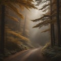 Foggy forest road in the morning, generative ai Royalty Free Stock Photo