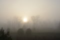 Foggy, gloomy landscape with rising sun. Royalty Free Stock Photo