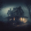 Foggy Halloween Night: Old Creepy Haunted House. Generative AI Royalty Free Stock Photo