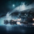 Foggy Harbor, with fishing vessels