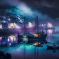 Foggy Harbor, with fishing vessels