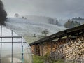 Foggy hill foggy hill with vegetable greenhouse and wood storage in switzerland in Wabern Royalty Free Stock Photo