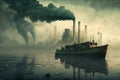 Foggy industrial landscape with old ship and smoking chimneys