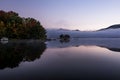 Foggy Lake and Green Mountains - Island with Colorful Trees - Autumn / Fall - Vermont Royalty Free Stock Photo