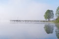 Foggy lake pier in early morning Royalty Free Stock Photo