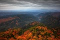 Foggy landscape during autumn. Beautiful landscape with stone, forest and fog. Sunset in Czech national park Ceske Svycarsko. Mist Royalty Free Stock Photo