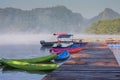 Foggy landscape with calm lake and pier.Mist over water. Beautiful freedom moment and peaceful atmosphere in nature Royalty Free Stock Photo