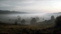 Foggy Landscape Early Morning Mist. Early morning scenery in field. AI Generative Royalty Free Stock Photo