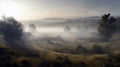 Foggy Landscape Early Morning Mist. Early morning scenery in field. AI Generative Royalty Free Stock Photo