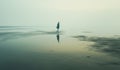 Foggy landscape with silhouette of a person walking along the beach. AI generated