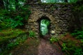 A foggy landscape of stairs from hellish Valley to Chojnik Castle in the Karkonosze Mountains. Poland Royalty Free Stock Photo