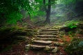 A foggy landscape of stairs from hellish Valley to Chojnik Castle in the Karkonosze Mountains. Poland Royalty Free Stock Photo