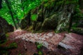 A foggy landscape of stairs from hellish Valley to Chojnik Castle in the Karkonosze Mountains. Poland Royalty Free Stock Photo