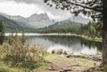 A foggy landscape, a view of the cliffs, the forest and lake, Ergaki mountains