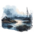 A Foggy Marsh Scene with a Still, Reflective Pond and Silhouetted Trees Royalty Free Stock Photo