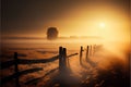 Foggy meadow with fence at sunrise. Nature composition.