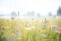 foggy meadow with wildflowers barely visible