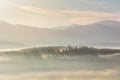 Foggy misty Autumn landscape with pine forest and mountains range Royalty Free Stock Photo