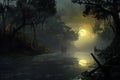 Foggy misty morning in the swamp with boat and trees. Generative AI