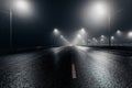 Foggy misty night road illuminated by street lights