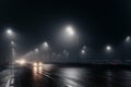 Foggy misty night road illuminated by street lights Royalty Free Stock Photo