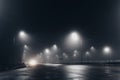 Foggy misty night road illuminated by street lights Royalty Free Stock Photo