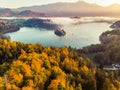 Foggy and misty sunrise in Bled lake at fall,Slovenia Royalty Free Stock Photo